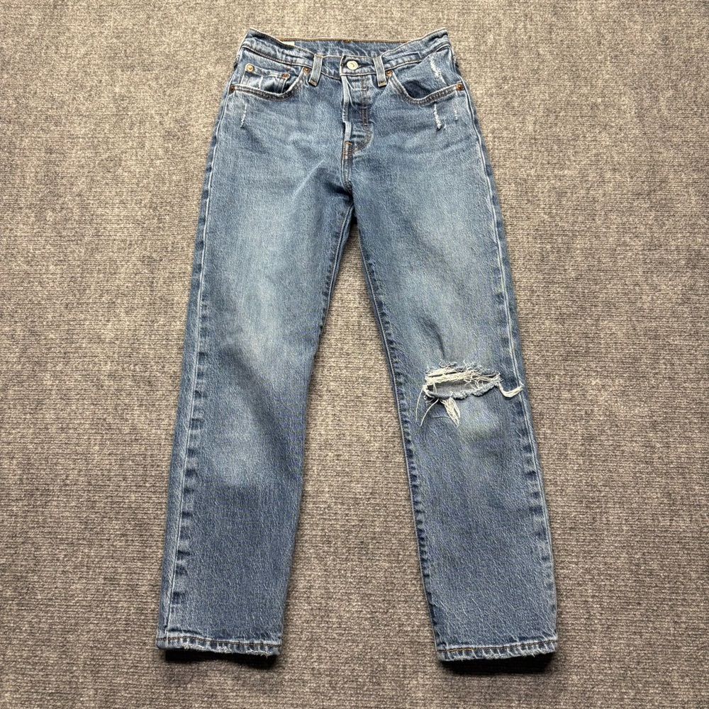 Levis Premium 501 Jeans Womens 25x26 Blue Straight Button Fly Big E Distressed